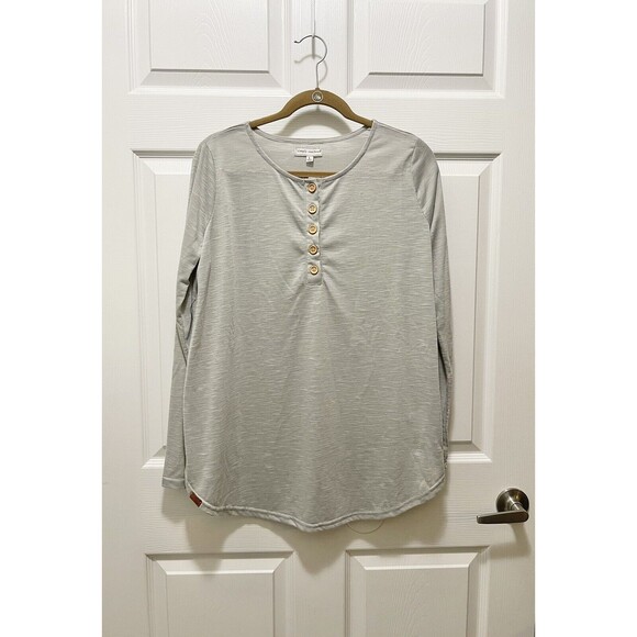 Simply Southern Women's Henley Shirt Long Sleeve Size L Gray Lightweight - Picture 1 of 12